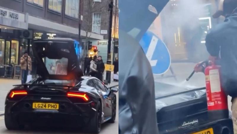 Momentul în care un Lamborghini Huracan Tecnica nou-nouț ia foc pe o stradă din Londra. Motorul bolidului de 355.000 € s-a făcut praf