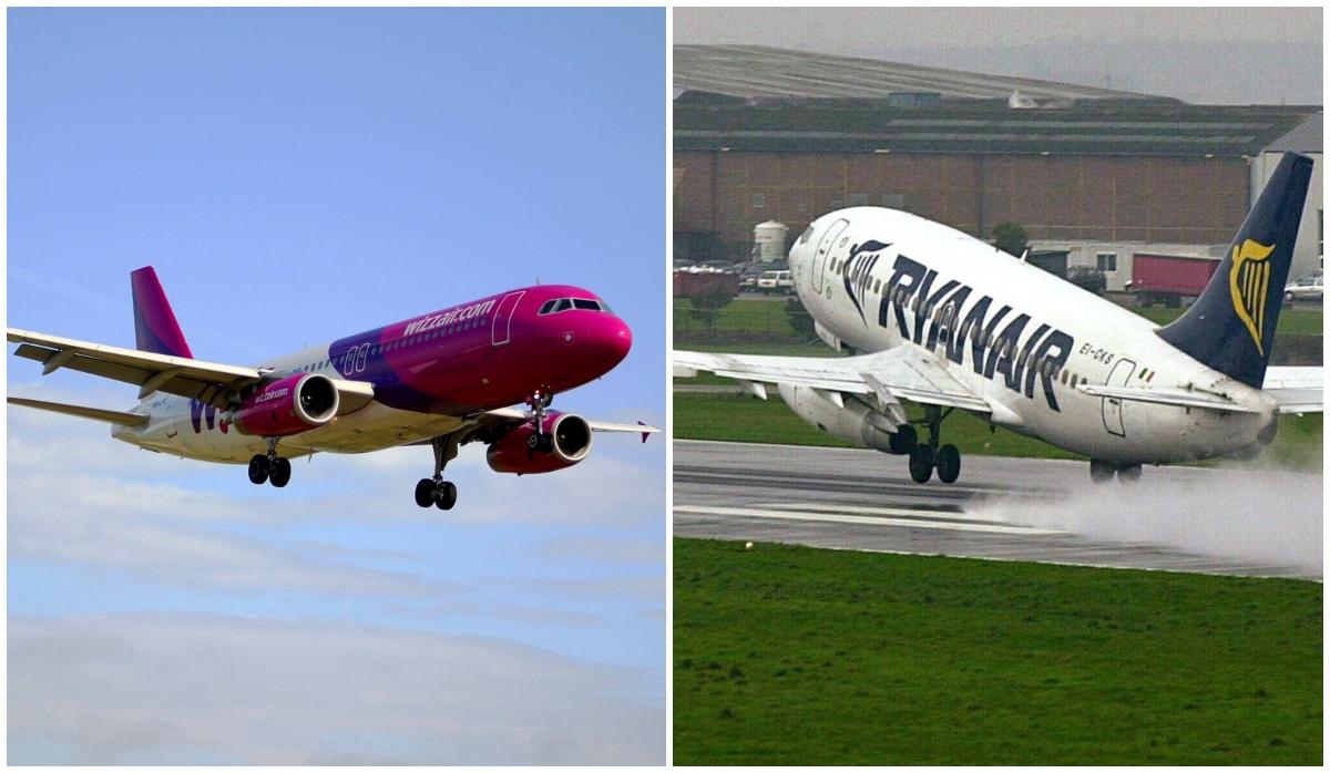 Avion wizz air în aer şi un avion Ryanair