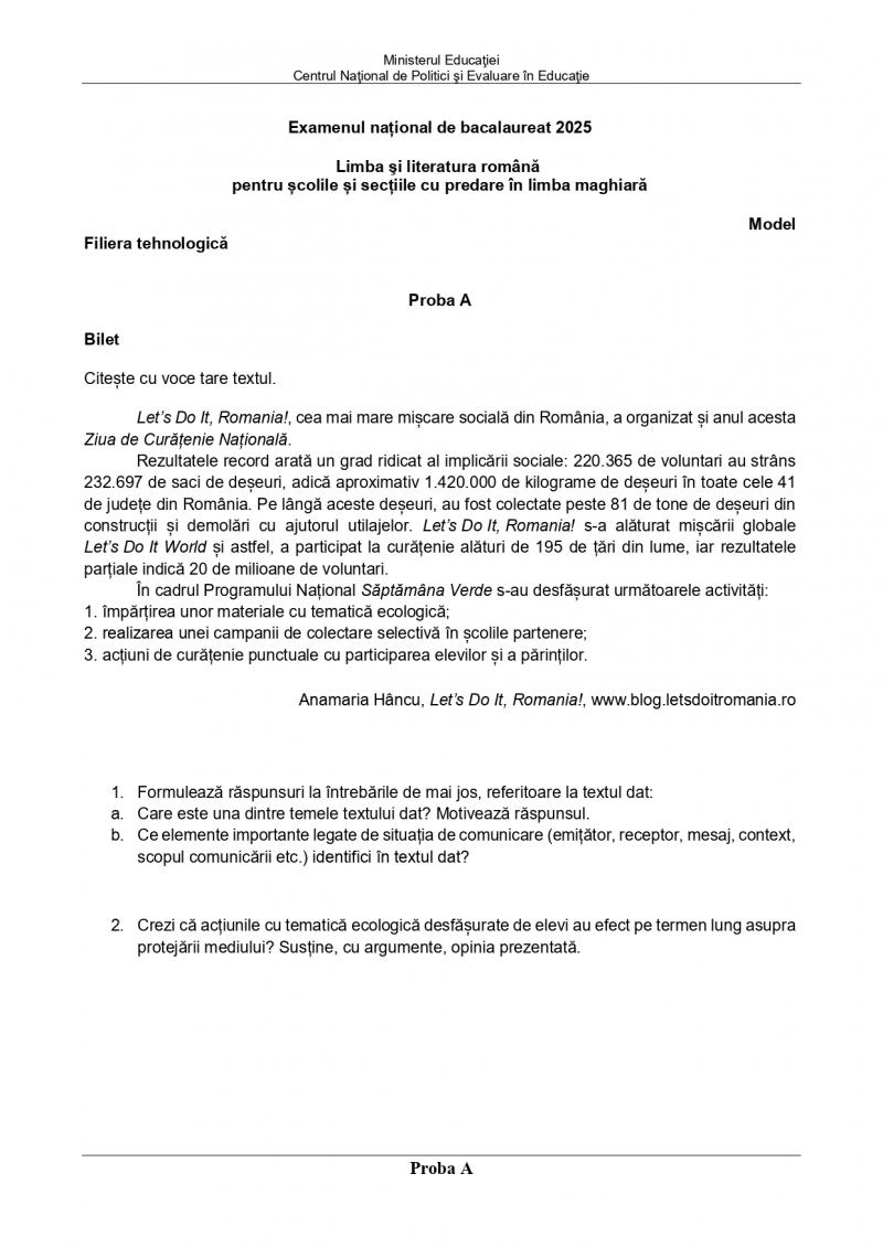 Modele subiecte BAC 2025 – evaluarea competentețelor lingvistice în limba română pentru pentru școlile și secțiile cu predare în limba maghiară - Tehnologic Modele subiecte BAC 2025 – evaluarea competentețelor lingvistice în limba română pentru pentru școlile și secțiile cu predare în limba maghiară - Tehnologic