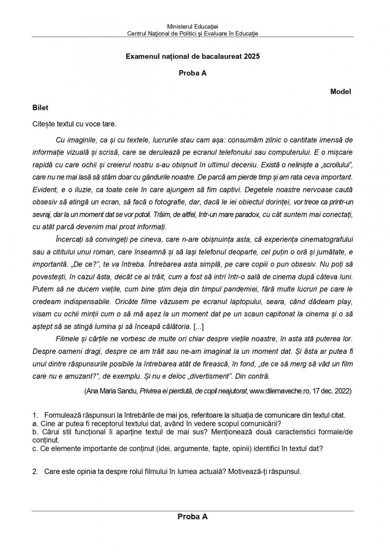 Model subiecte BAC 2025 - competențe lingvistice în limba română Model subiecte BAC 2025 - competențe lingvistice în limba română