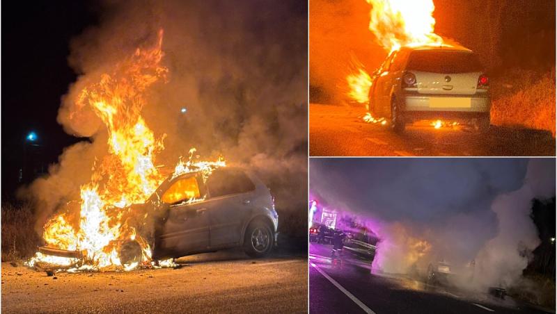 Un Volkswagen Polo a luat foc în mers, pe o şosea din Iaşi. Şoferul s-a autoevacuat la timp