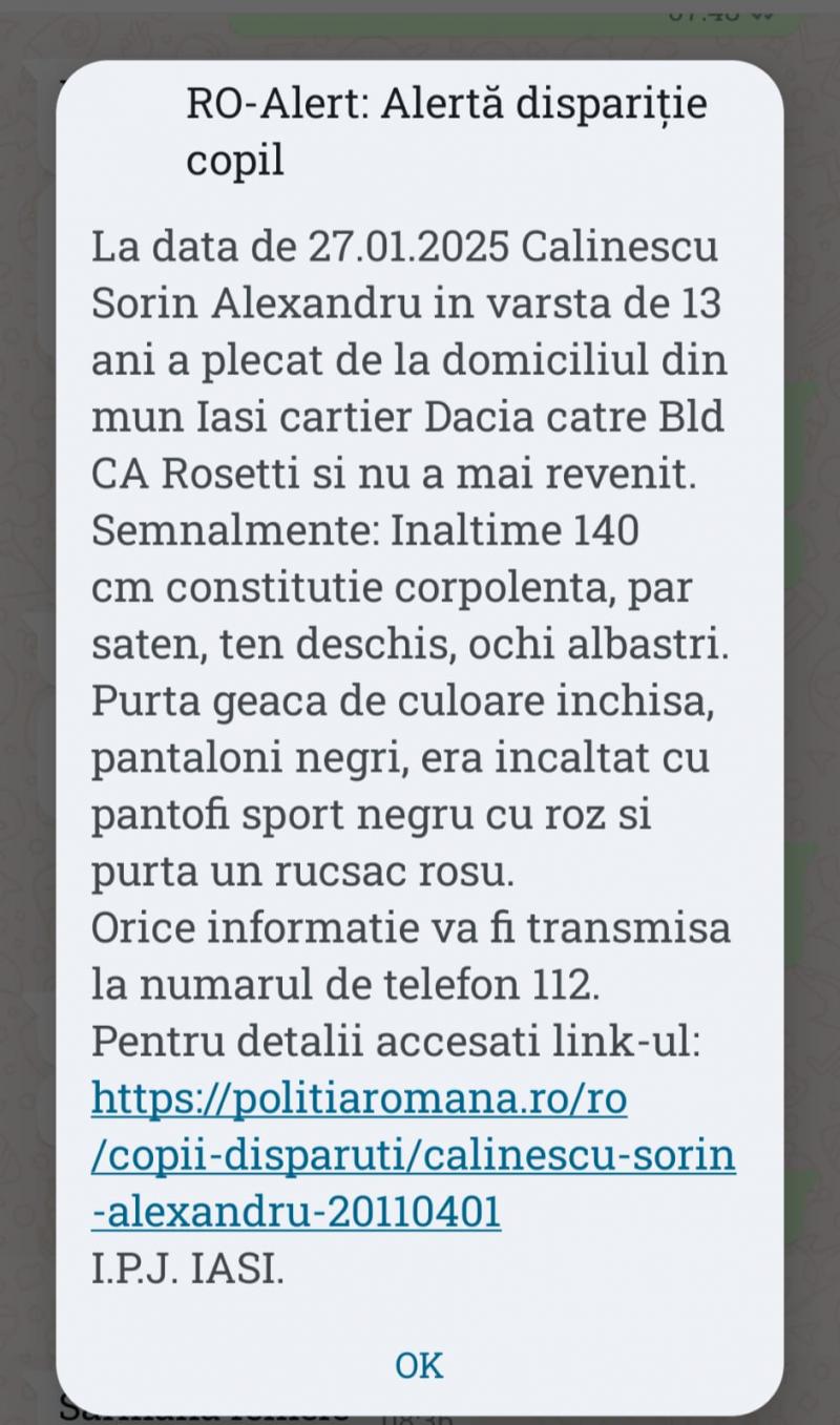 Dacă l-ați văzut pe Alexandru, sunați la 112 Mesaj RO-Alert în Iași