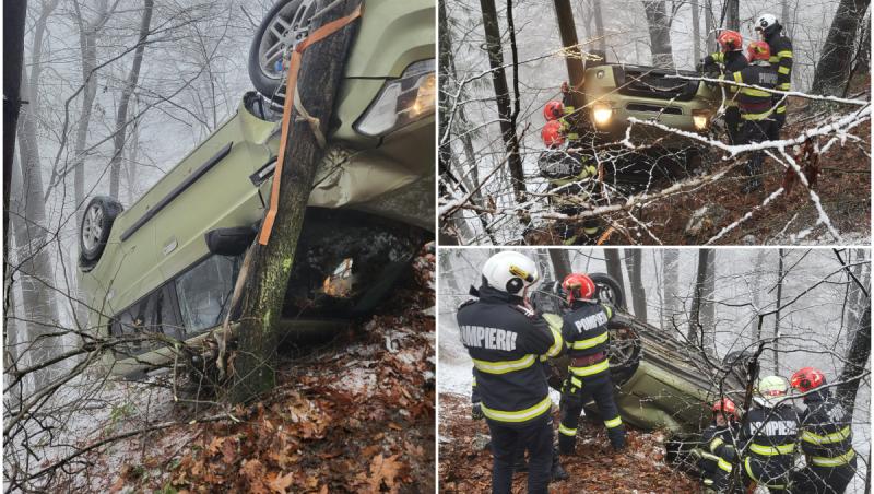 Maşină căzută în râpă în Maramureş. Un copac a salvat viaţa a trei pasageri, care riscau să cadă în Barajul Firiza