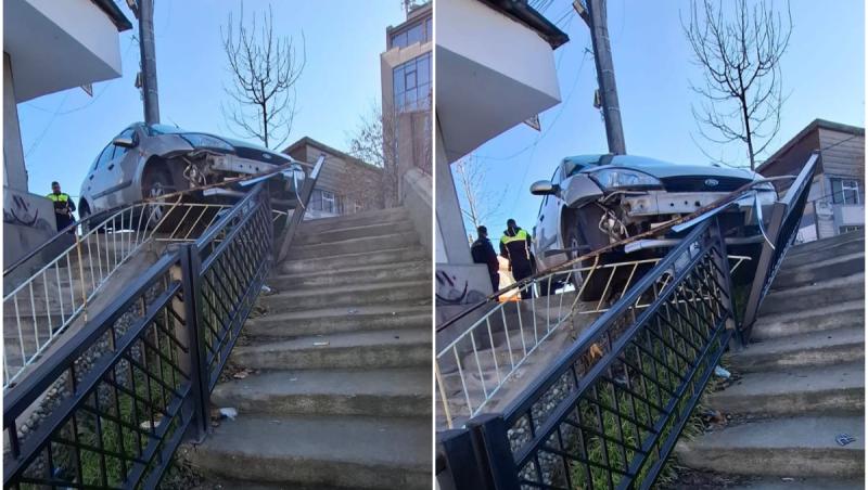 O maşină a intrat din plin într-o ambulanţă pe un bulevard din Craiova. Autoturismul, proiectat într-o balustradă metalică