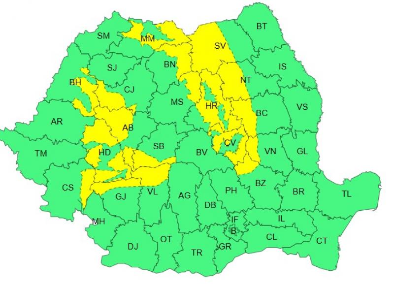 Harta județelor afectate de codul galben de vreme severă