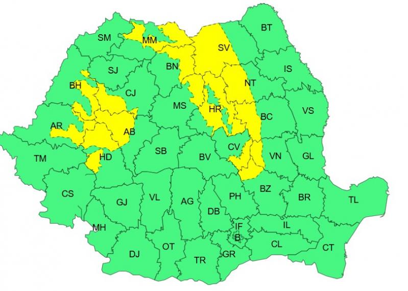 Harta județelor afectate de codul galben de vreme severă Harta județelor afectate de codul galben de vreme severă