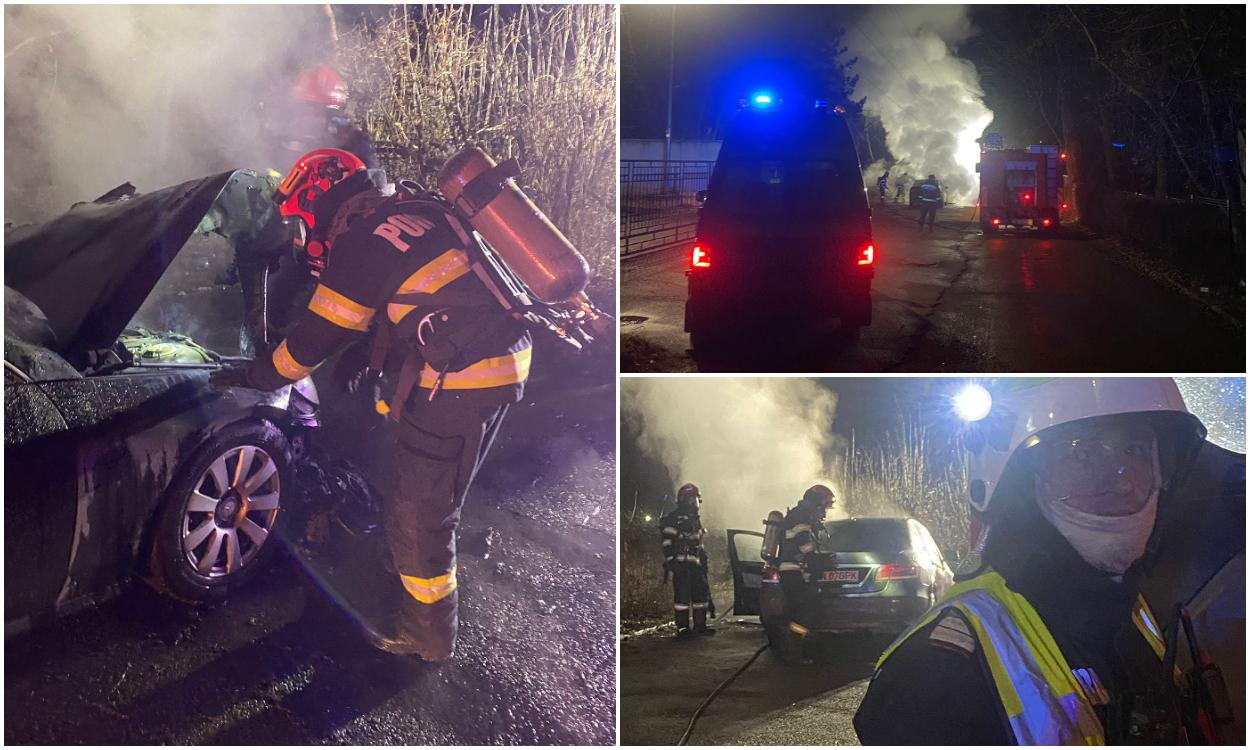 Un Mercedes a luat foc din senin, pe o stradă din Bistriţa. Pompierii s-au luptat minute în şir cu vâlvătaia