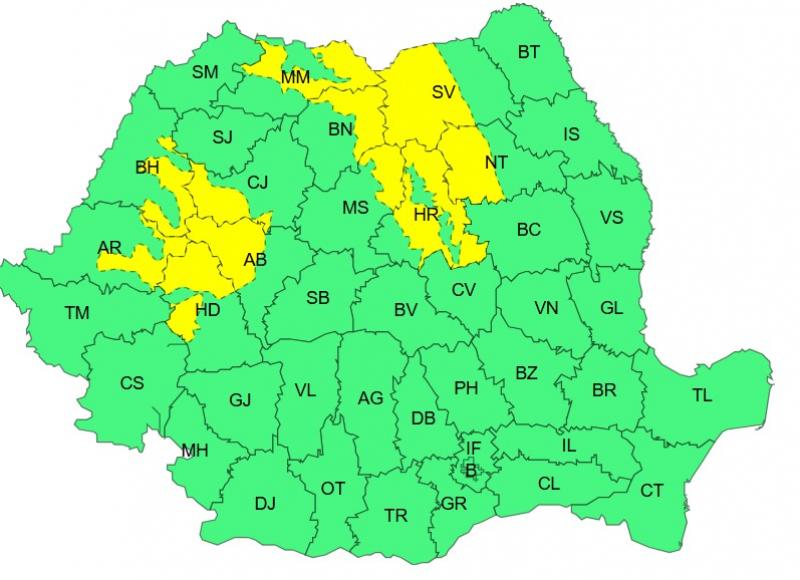 Harta județelor afectate de codul galben de vreme severă
