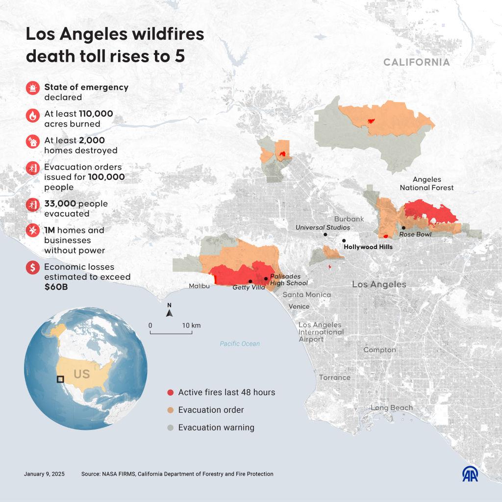 Imagini din satelit cu cel mai distrugător incendiu din istoria Los Angeles. Cartierul vedetelor a dispărut complet