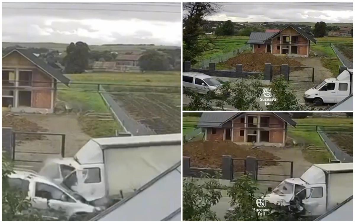 Momentul când șoferul unei mașini pierde controlul și intră cu viteză într-o autoutilitară în Suceava