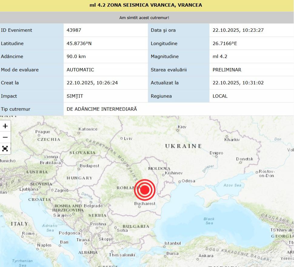 Cutremur în România, în zona Vrancea
