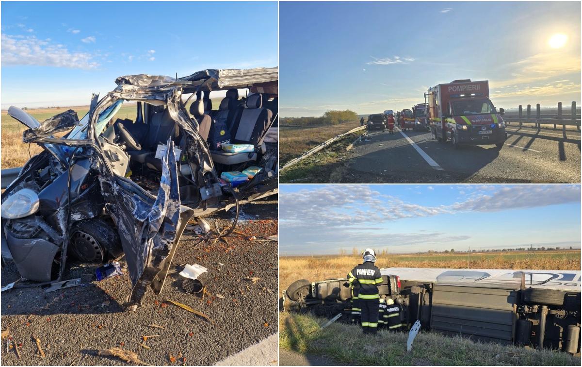 Cinci persoane rănite, în urma unui accident pe Autostrada A1, în Arad, între un TIR și un microbuz
