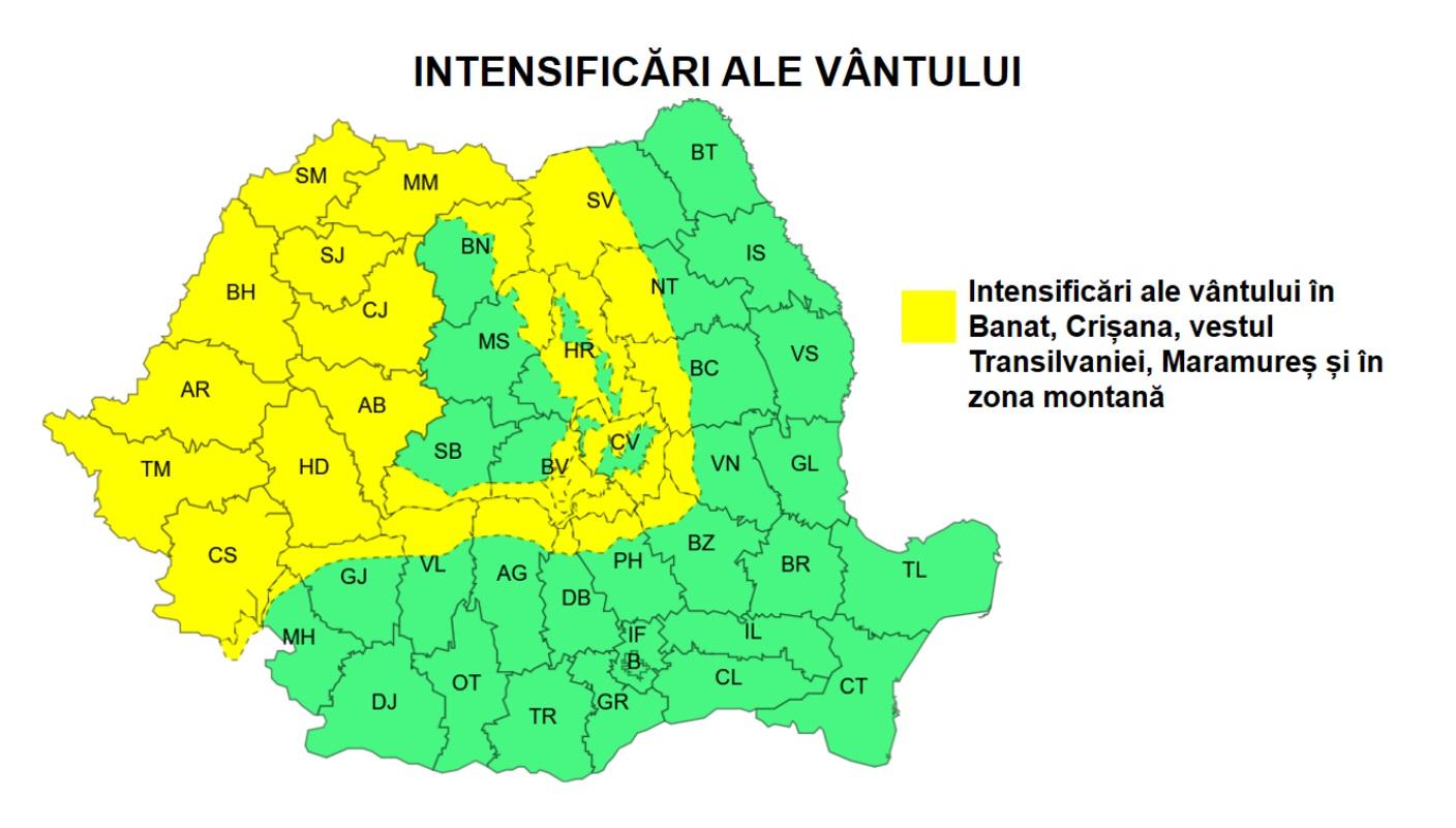 Se răceşte în cea mai mare parte a ţării. Temperaturile scad şi cu 12 grade. Cod galben de vânt la munte