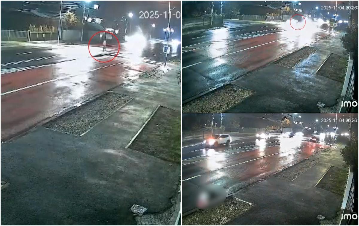 Momentul când un pieton este lovit în plin de un autoturism. A zburat zeci de metri şi a rămas pe caldarâm