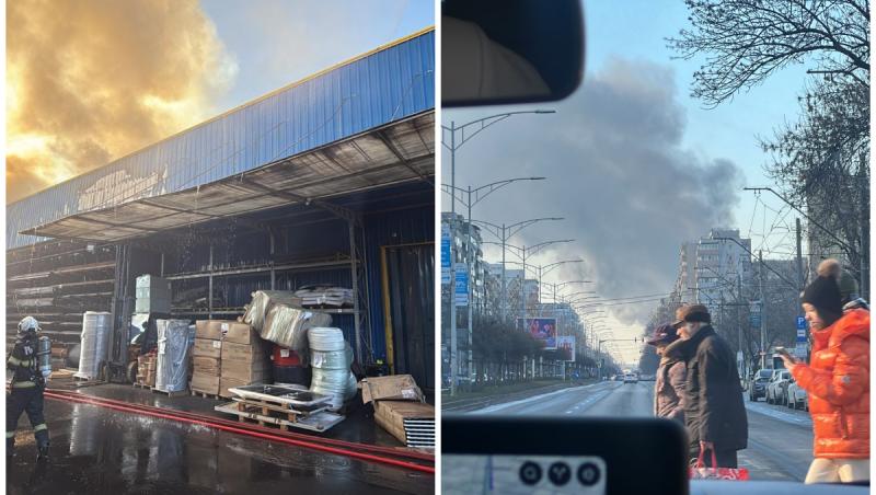 Incendiu puternic pe bulevardul Iuliu Maniu din Capitală. Un depozit a fost cuprins de flăcări