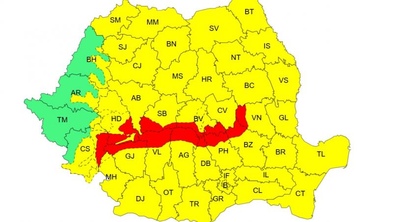 Cod galben şi roşu de ninsori şi viscol puternic. Rafalele de v&acirc;nt ajung la peste 120 km pe oră
