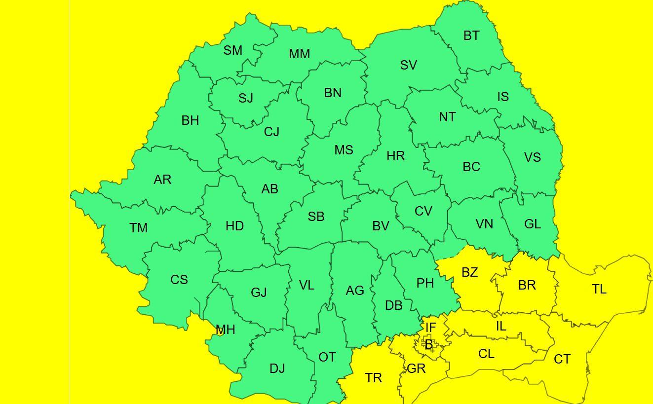 9 judeţe şi Capitala, sub cod galben de intensificări de vânt până la ora 20. Prelungit în Tulcea şi Constanţa