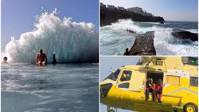Filmul morţii celor doi români din Tenerife, luaţi de un val uriaş. Au ignorat toate avertismentele
