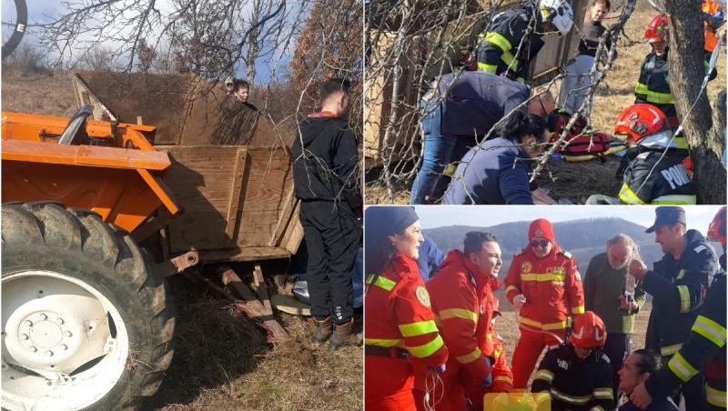 Două persoane rănite, după ce remorca unui tractor s-a răsturnat peste ele, în Hunedoara. Un bărbat a rămas blocat sub roţi