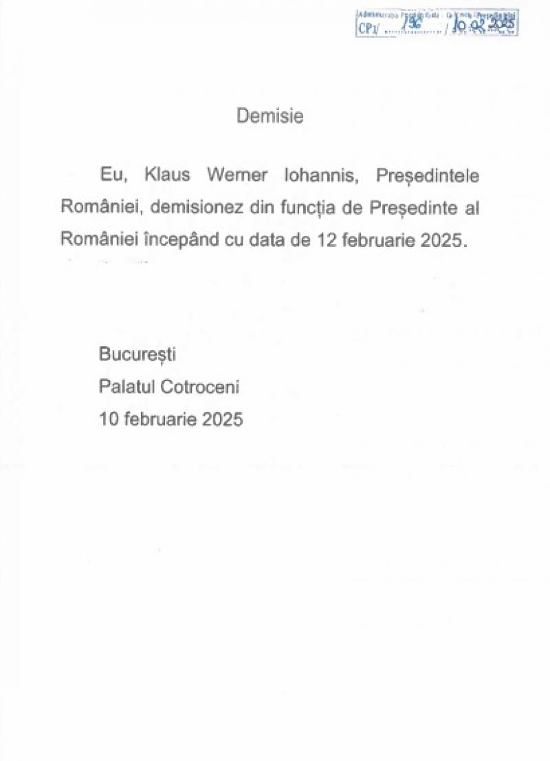 Klaus Iohannis Demisia lui Klaus Iohannis. Administraţia Prezidenţială a făcut public documentul oficial