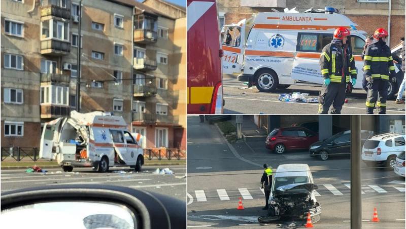 Accident grav între o ambulanţă şi două maşini, în Oradea. Autospeciala s-a răsturnat: şoferul, o asistentă şi pacientul, răniţi