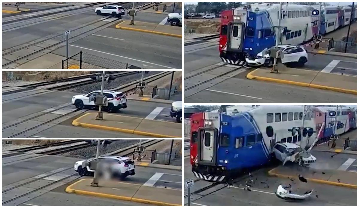 Momentul dramatic când un tren de călători loveşte un SUV, care a fost împins pe şine. Şoferul din SUA a scăpat ca prin urechile acului în ultima secundă