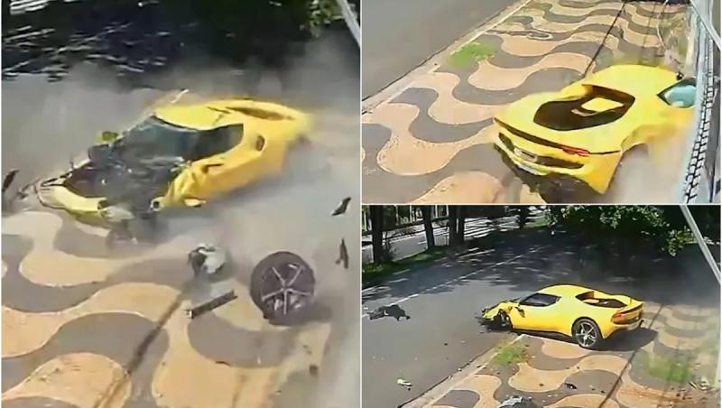 Ferrari 296 GTB, de peste 530.000 €, daună totată după ce s-a înfipt într-o casă. Bolidul a trecut razant, la doar 1 metru, pe lângă un bătrân