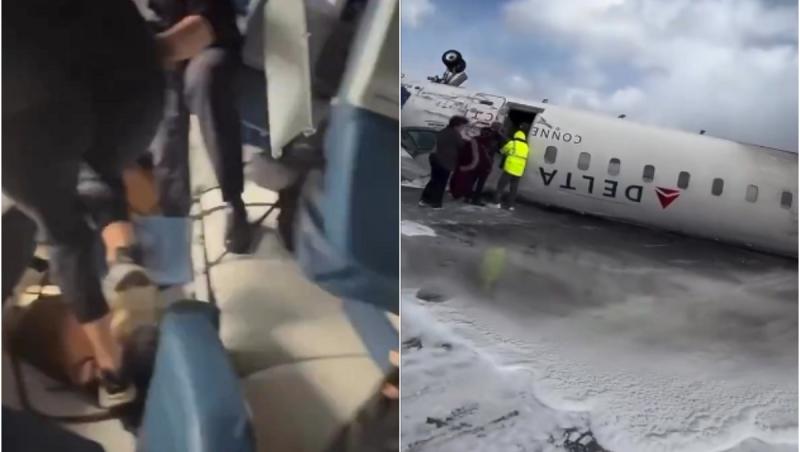 "Eram cu capul în jos, atârnând ca liliecii". Un pasager din avionul prăbușit în Toronto s-a filmat cum e scos din aeronava răsturnată cu roțile în sus