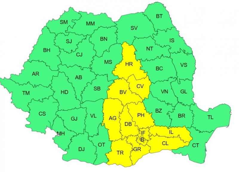 Harta județelor afectate de codul galben de vreme severă Harta județelor afectate de codul galben de vreme severă