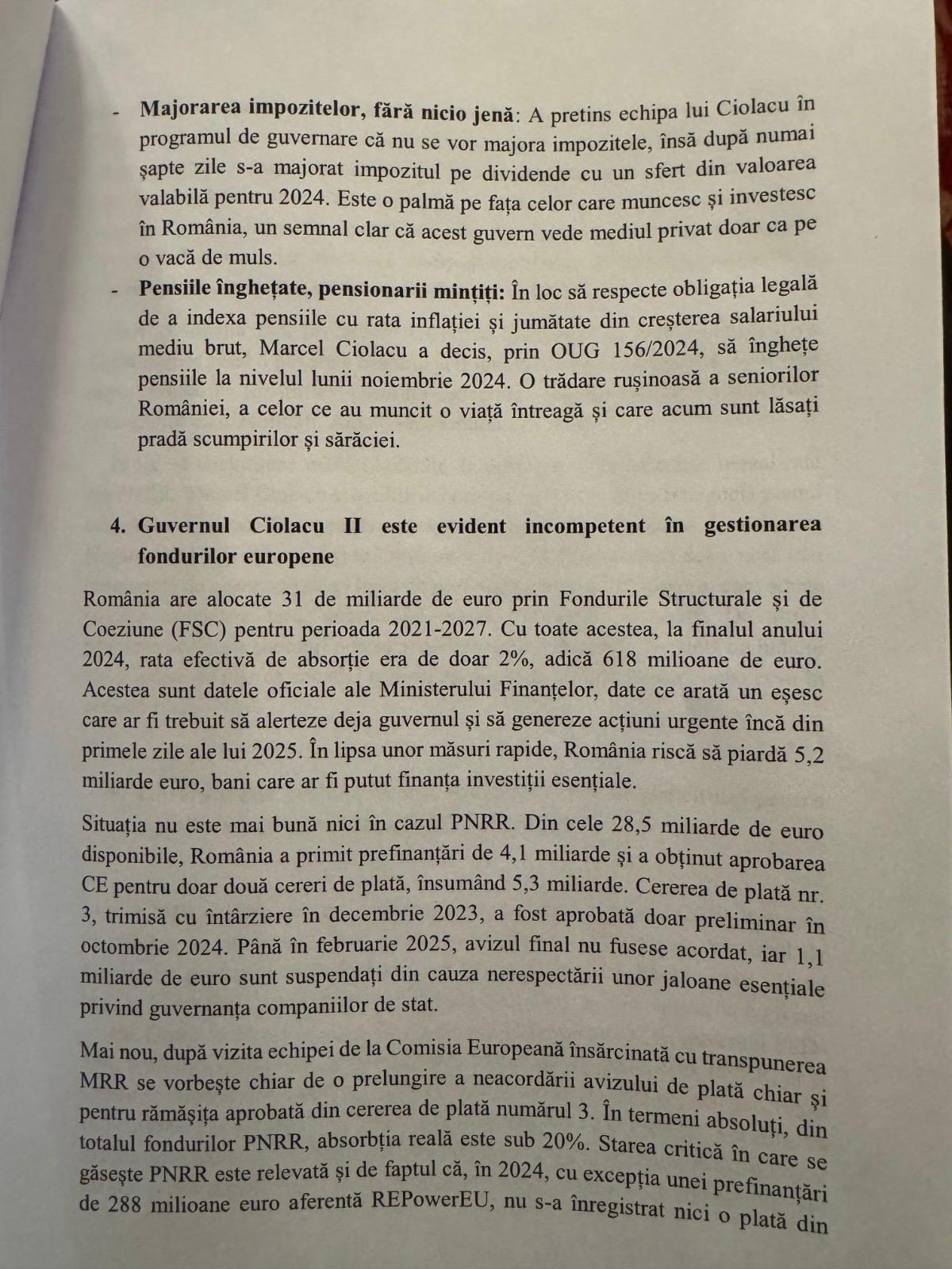 Parlamentarii AUR, S.O.S. România și POT au depus moţiunea de cenzură împotriva Guvernului Ciolacu