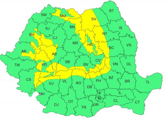 Harta județelor afectate de codul galben de vreme severă