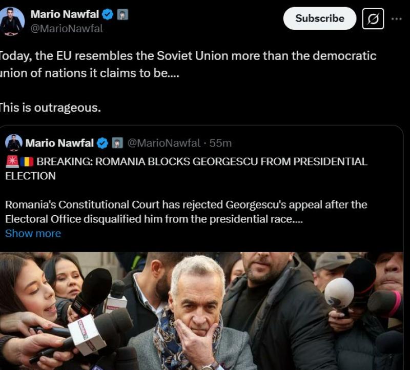 Mario Nawfal, apropiat al lui Elon Musk, mesaj pe X după decizia CCR: "UE seamănă mai mult cu Uniunea Sovietică" Mario Nawfal, apropiat al lui Elon Musk, mesaj pe X după decizia CCR: "UE seamănă mai mult cu Uniunea Sovietică"