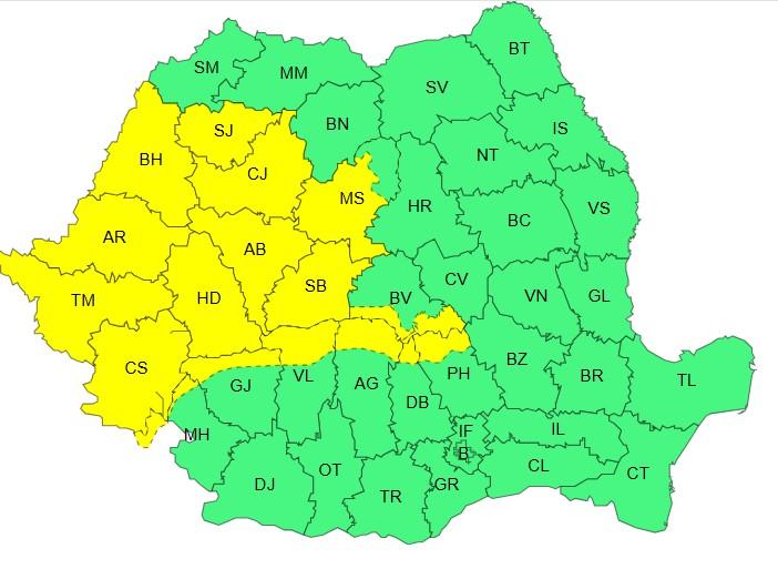 Harta județelor afectate de codul galben de vreme severă