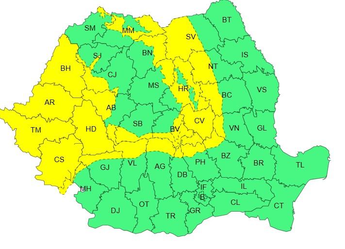 Harta județelor afectate de codul galben de vreme severă