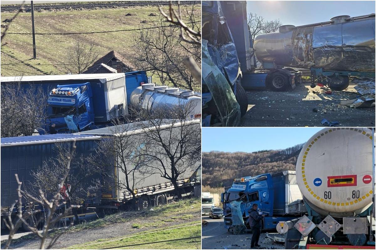 Accident dezastruos între două TIR-uri şi o cisternă, în localitatea Bucea din Cluj. Taficul, complet blocat