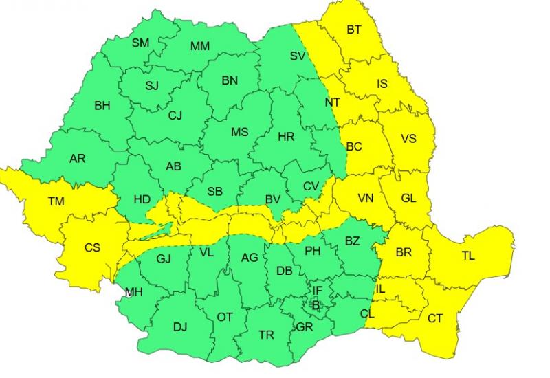 Harta județelor afectate de codul galben de vreme severă Harta județelor afectate de codul galben de vreme severă