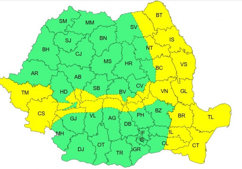 Harta județelor afectate de codul galben de vreme severă Harta județelor afectate de codul galben de vreme severă