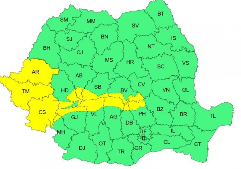 Harta județelor afectate de codul galben de vreme severă Harta județelor afectate de codul galben de vreme severă