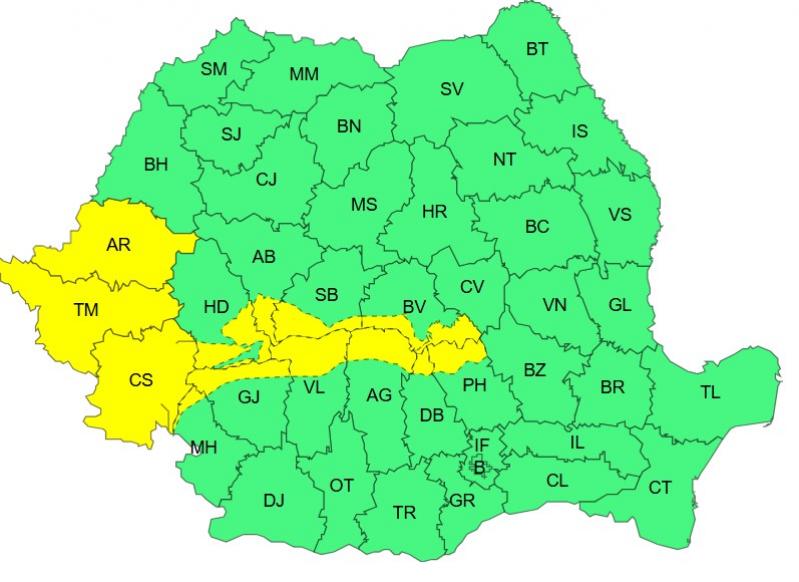 Harta județelor afectate de codul galben de vreme severă Harta județelor afectate de codul galben de vreme severă