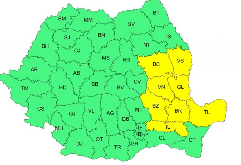 Harta județelor afectate de codul galben de vreme severă