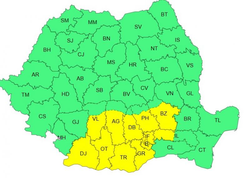 Harta județelor afectate de codul galben de vreme severă