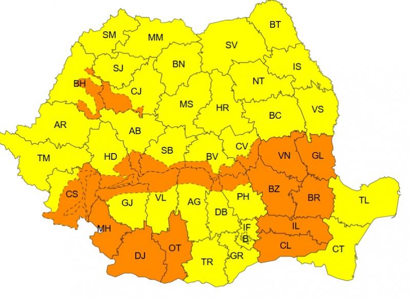 Harta județelor afectate de codurile galben și portocaliu de vreme severă