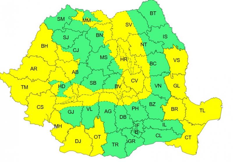 Harta județelor afectate de codul galben de vreme severă Harta județelor afectate de codul galben de vreme severă