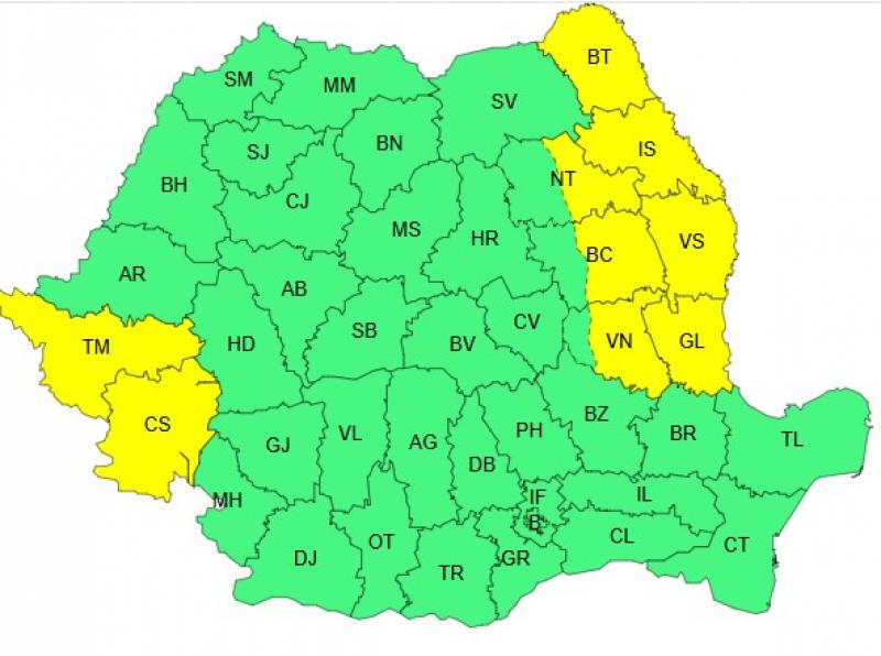 Harta județelor afectate de codul galben de vreme severă Harta județelor afectate de codul galben de vreme severă