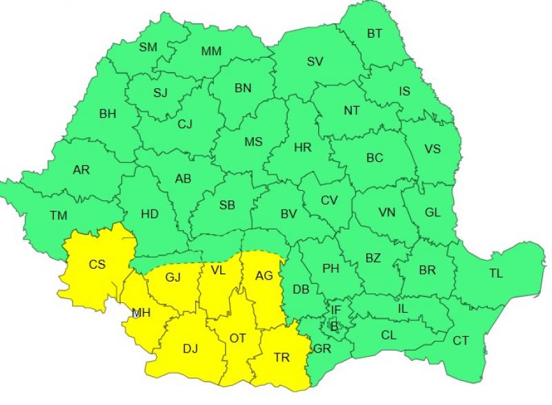 Harta județelor afectate de codul galben de vreme severă Harta județelor afectate de codul galben de vreme severă