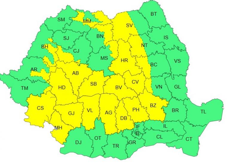 Harta județelor afectate de codul galben de vreme severă Harta județelor afectate de codul galben de vreme severă