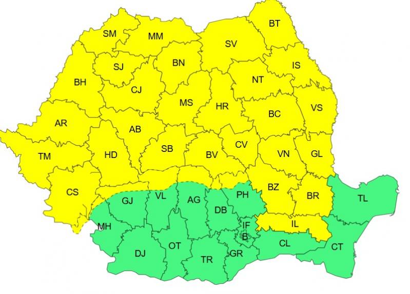 Harta județelor afectate de codul galben de vreme severă
