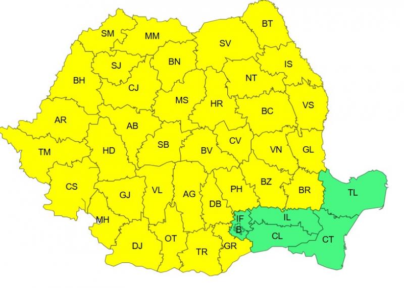 Harta județelor afectate de codul galben de vreme severă