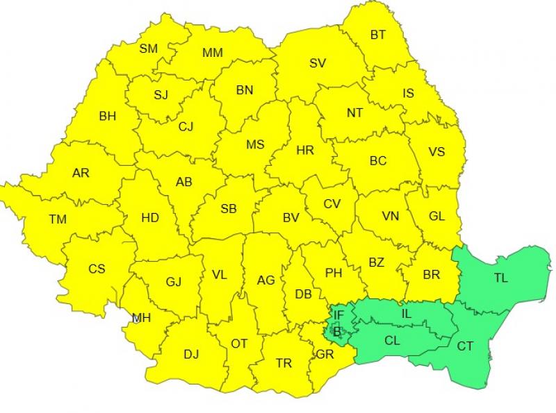 Harta județelor afectate de codul galben de vreme severă Harta județelor afectate de codul galben de vreme severă