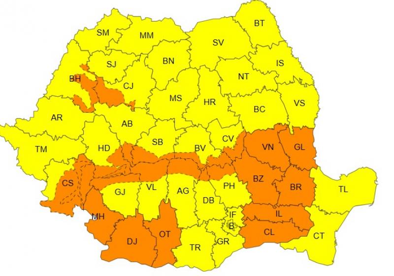 Harta județelor afectate de codurile galben și portocaliu de vreme severă